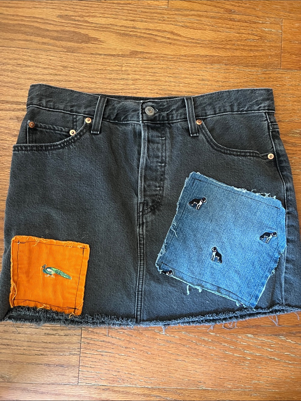 Levis Black Denim Mini Skirt with Blue Denim and Orange Patch  OOAK patchwork
